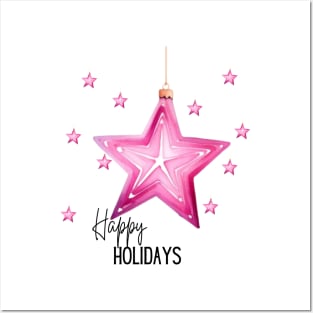 Happy Holidays with Pink Stars and Gold String Posters and Art